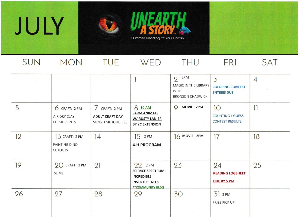 Plains Library Events Calendar for July 2026