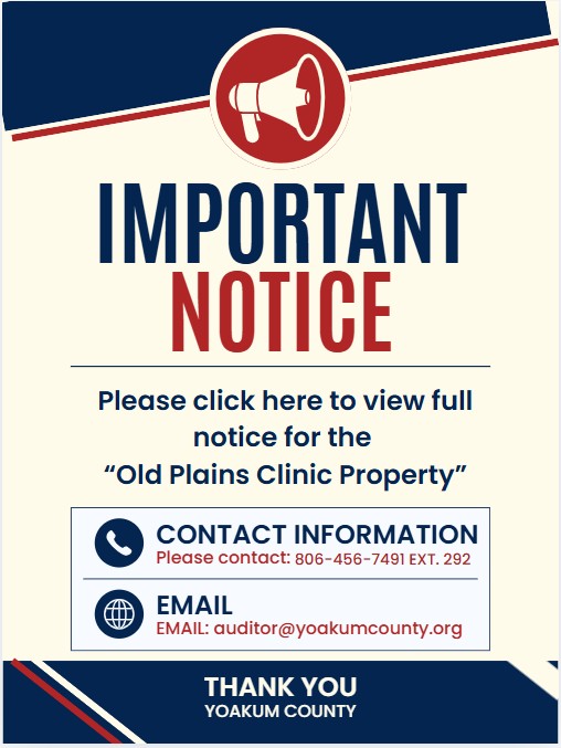 Flyer for Notice for Bids on the Old Plains Clinic Property in Plains, Texas. Click the notice