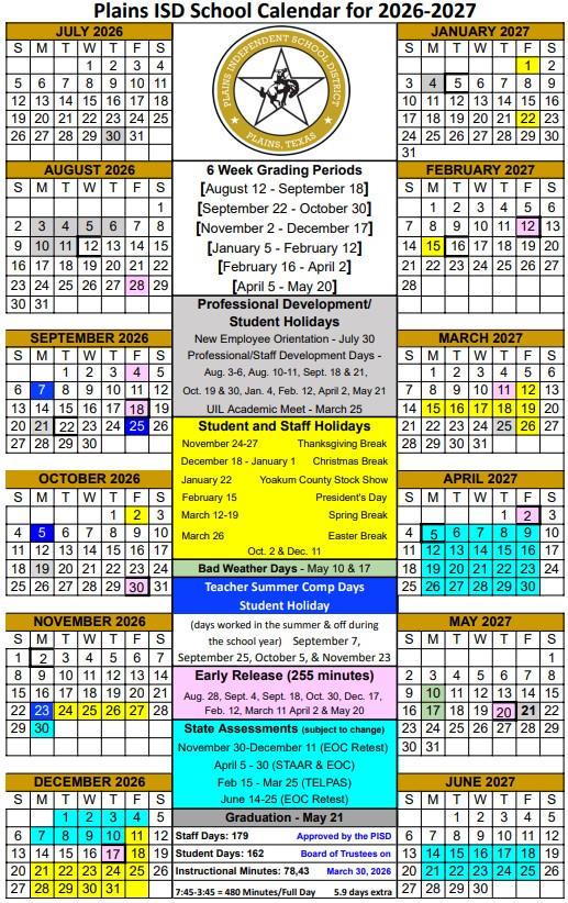 Plains ISD School Calendar 2026-2027